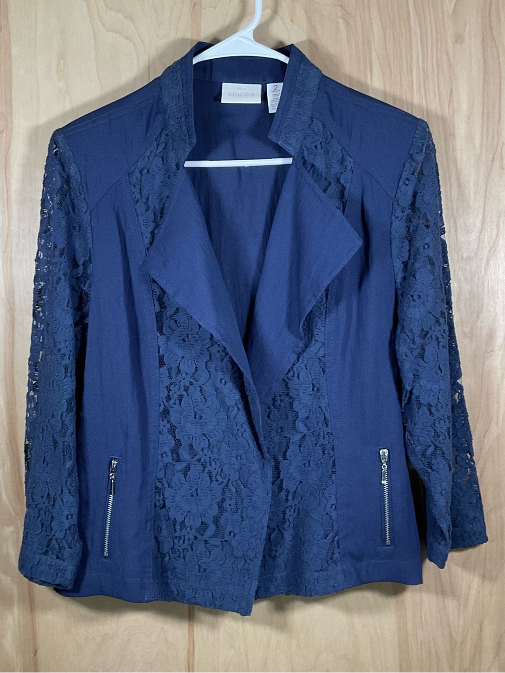 Chico’s Navy Blue Open Front Lace Sleeve Petite Blazer Jacket - EUC